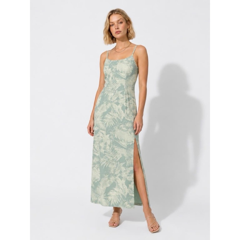 Vintage Hilo Hattie Hawaii Leaf print Maxi Dress Tropical Slit Sz 10